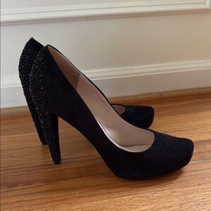 Nine West Women 9.5 Black Nubuck Leather Suede Black Rhinestone 4" High Heel